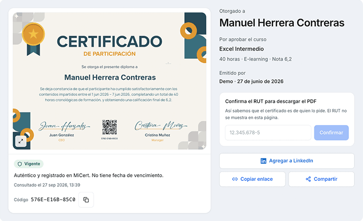 Ficha pública de verificación de un certificado