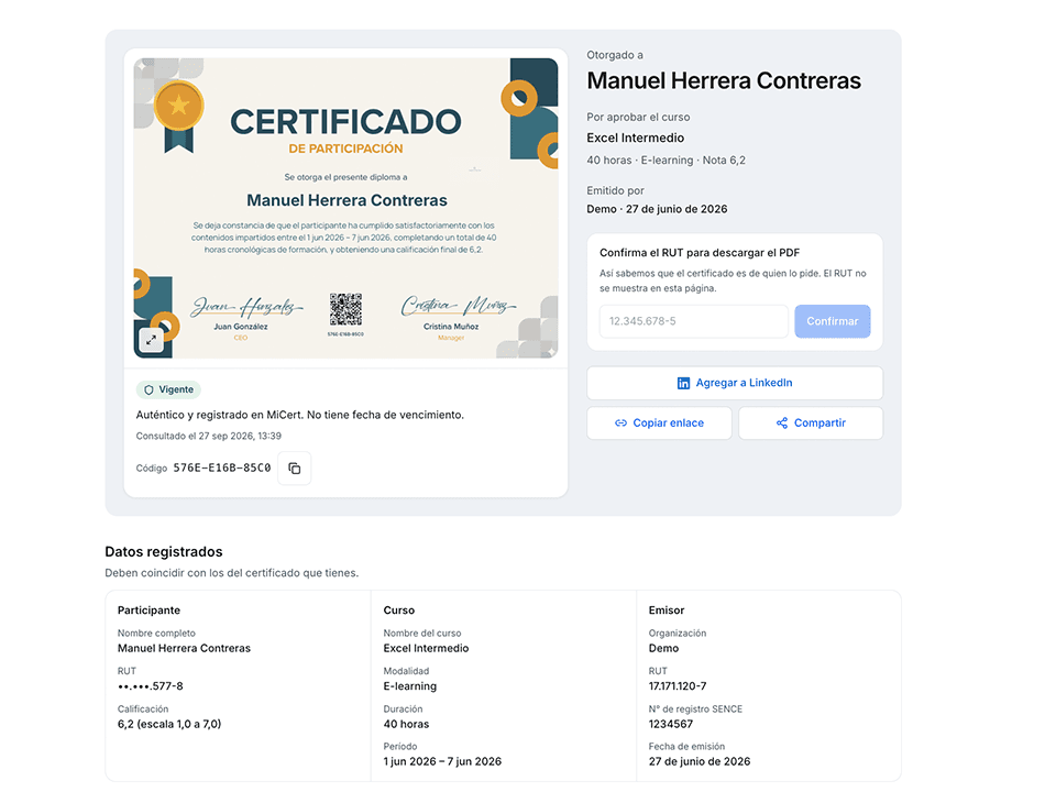 Certificado emitido y verificado